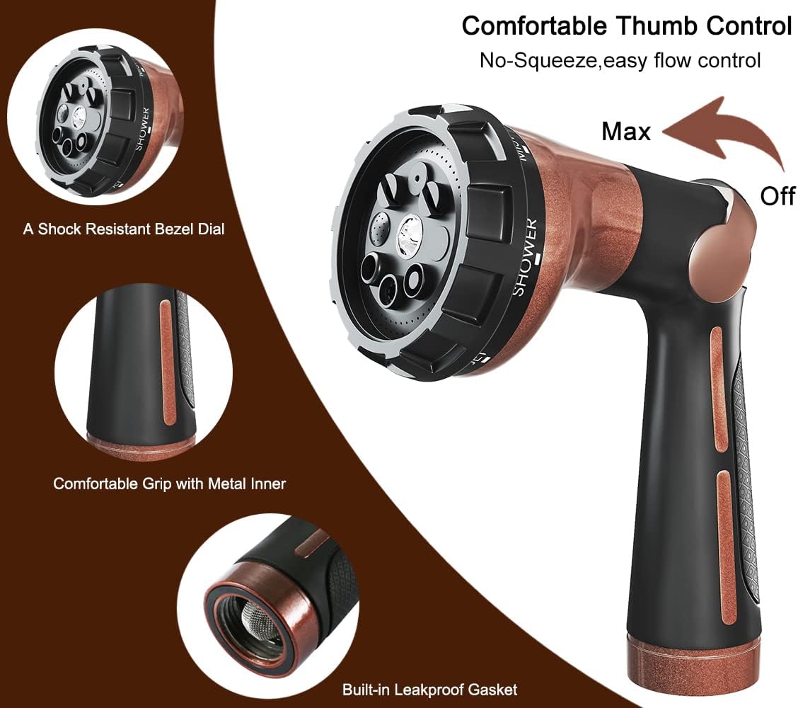 Thumb Control Garden Hose Nozzle Heavy Duty Metal, 8 Spray Patterns