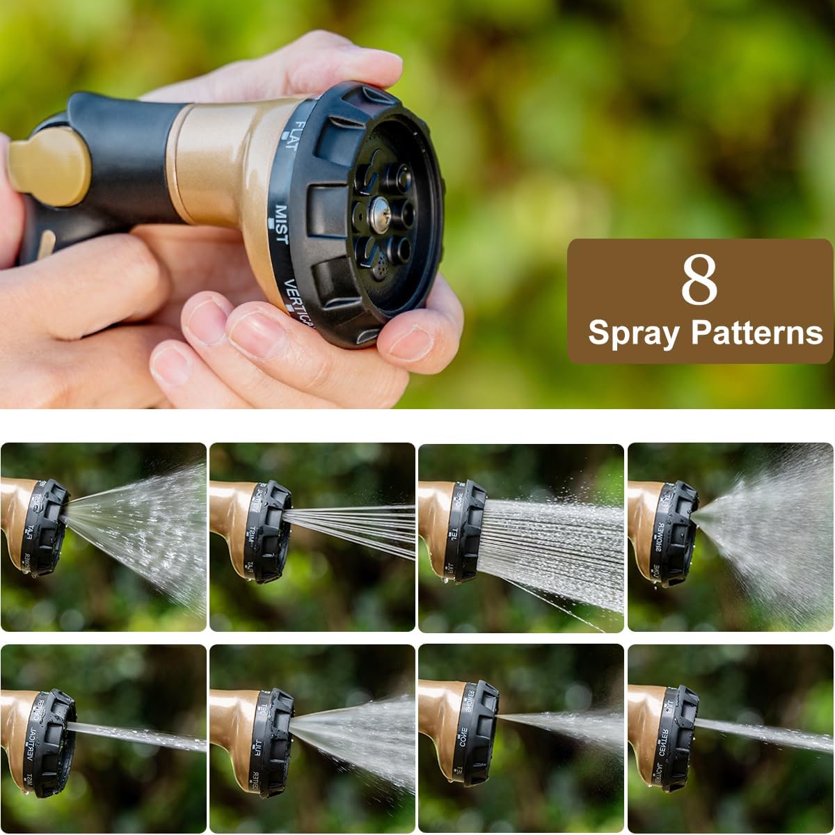 Thumb Control Garden Hose Nozzle Heavy Duty Metal, 8 Spray Patterns