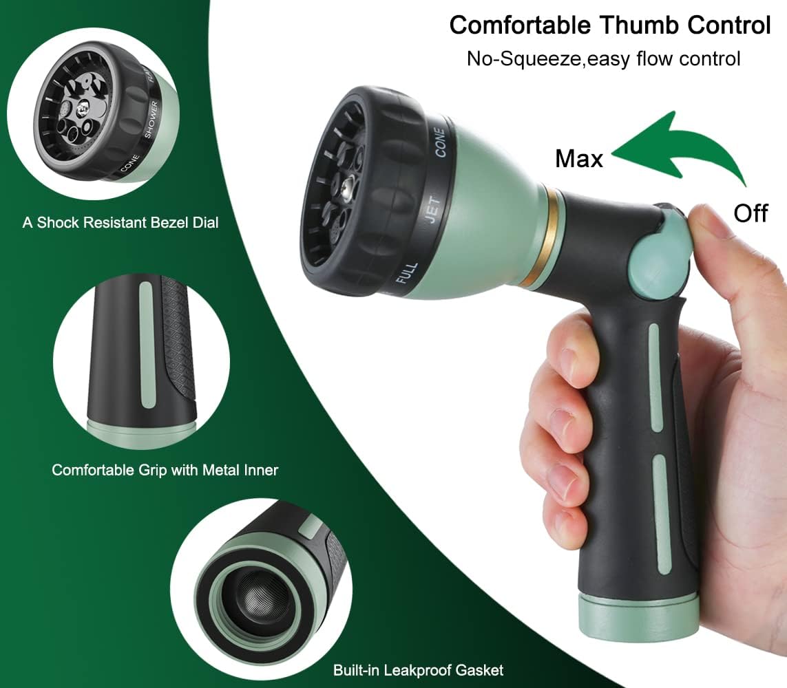 Thumb Control Garden Hose Nozzle Heavy Duty Metal, 8 Spray Patterns