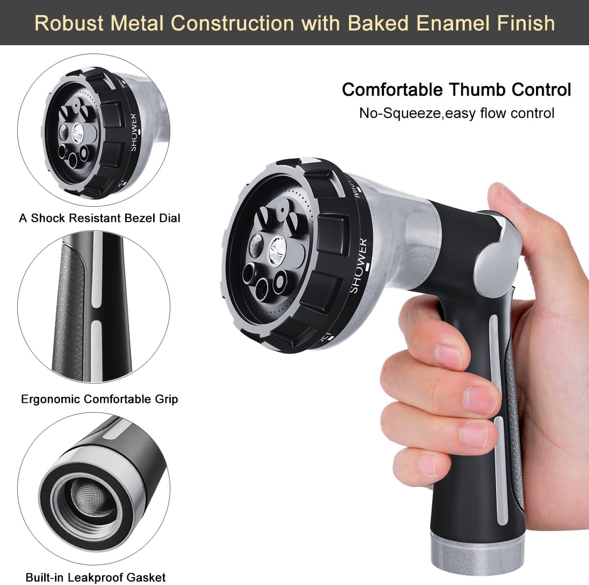 Thumb Control Garden Hose Nozzle Heavy Duty Metal, 8 Spray Patterns