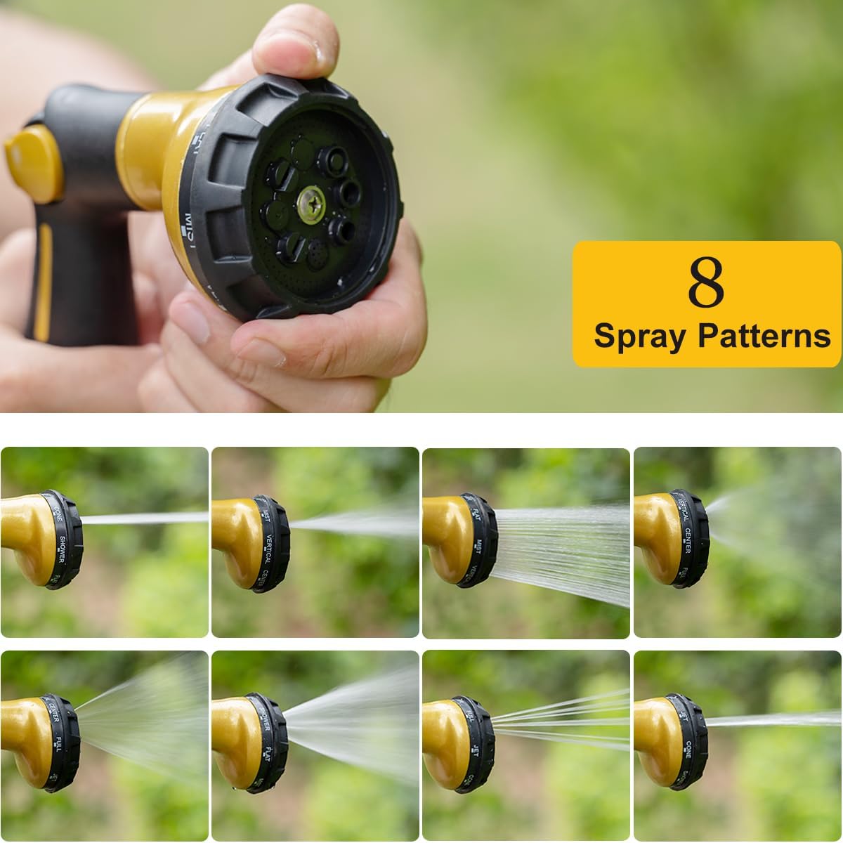 Thumb Control Garden Hose Nozzle Heavy Duty Metal, 8 Spray Patterns