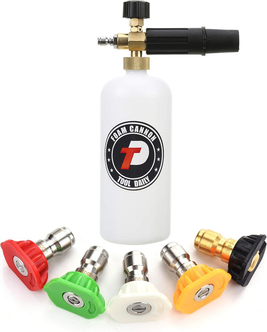 Foam Cannon with 1/4 Inch Quick Connector, 1 Liter, 5 Pressure Washer Nozzle Tips