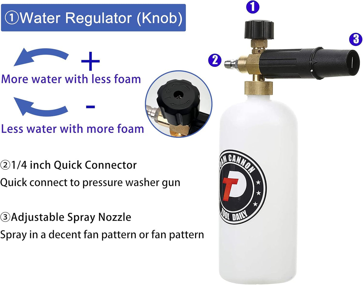 Foam Cannon with 1/4 Inch Quick Connector, 1 Liter, 5 Pressure Washer Nozzle Tips