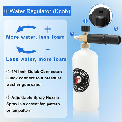 Foam Cannon with 1/4 Inch Quick Connector, 1 Liter, 5 Pressure Washer Nozzle Tips