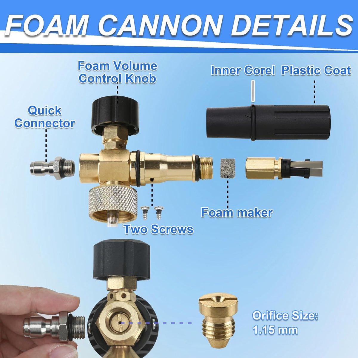 Foam Cannon with 1/4 Inch Quick Connector, 1 Liter, 5 Pressure Washer Nozzle Tips
