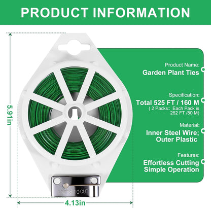2 Pack Twist Ties, 525 Feet Rustproof Flexible Garden Plant Tie with Cutter