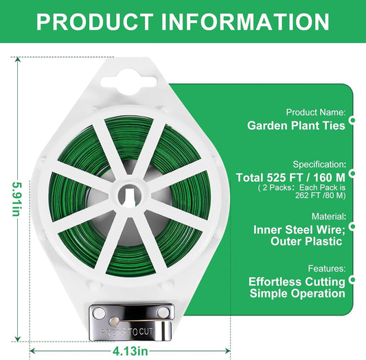 2 Pack Twist Ties, 525 Feet Rustproof Flexible Garden Plant Tie with Cutter