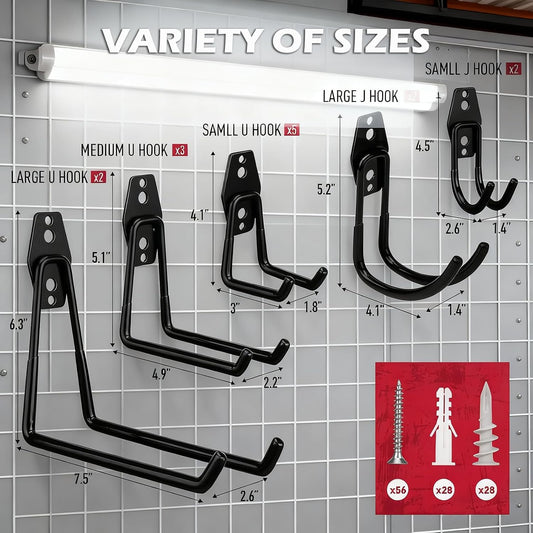 20 Pack Heavy Duty Garage Storage Hooks with Extension Cord Organizer, Solid Steel Wall Mount Hook Set with Anti-Slip Coating Utility J Hooks for Ladders,Bikes,Ropes,Broom,Garden,Yard and Power Tools
