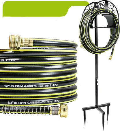 Freestanding Garden Hose Holder, Come with 50FT Water Hose 1/2", Heavy Duty Anti-Rust Hose Hanger for Outdoor Hose Storage