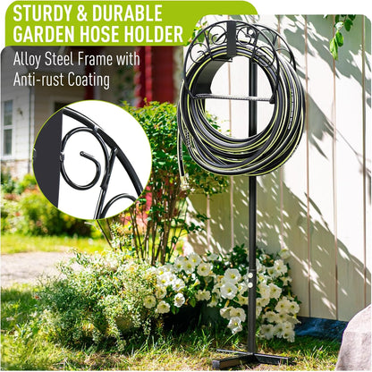 Freestanding Garden Hose Holder, Come with 50FT Water Hose 1/2", Heavy Duty Anti-Rust Hose Hanger for Outdoor Hose Storage