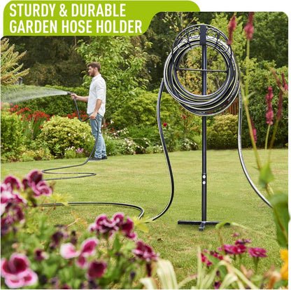 Freestanding Garden Hose Holder, Come with 50FT Water Hose 1/2", Heavy Duty Anti-Rust Hose Hanger for Outdoor Hose Storage