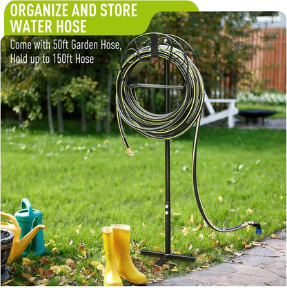 Freestanding Garden Hose Holder, Come with 50FT Water Hose 1/2", Heavy Duty Anti-Rust Hose Hanger for Outdoor Hose Storage