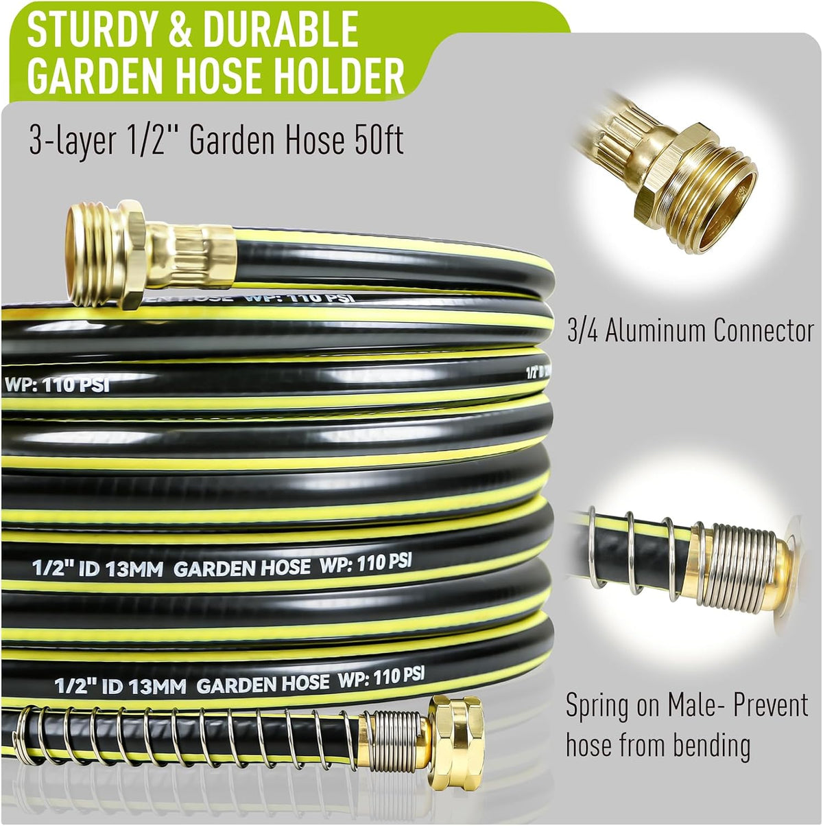 Freestanding Garden Hose Holder, Come with 50FT Water Hose 1/2", Heavy Duty Anti-Rust Hose Hanger for Outdoor Hose Storage