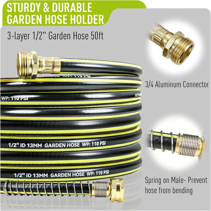 Freestanding Garden Hose Holder, Come with 50FT Water Hose 1/2", Heavy Duty Anti-Rust Hose Hanger for Outdoor Hose Storage