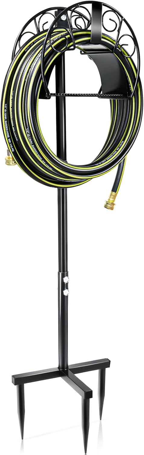 Freestanding Garden Hose Holder, Come with 50FT Water Hose 1/2", Heavy Duty Anti-Rust Hose Hanger for Outdoor Hose Storage