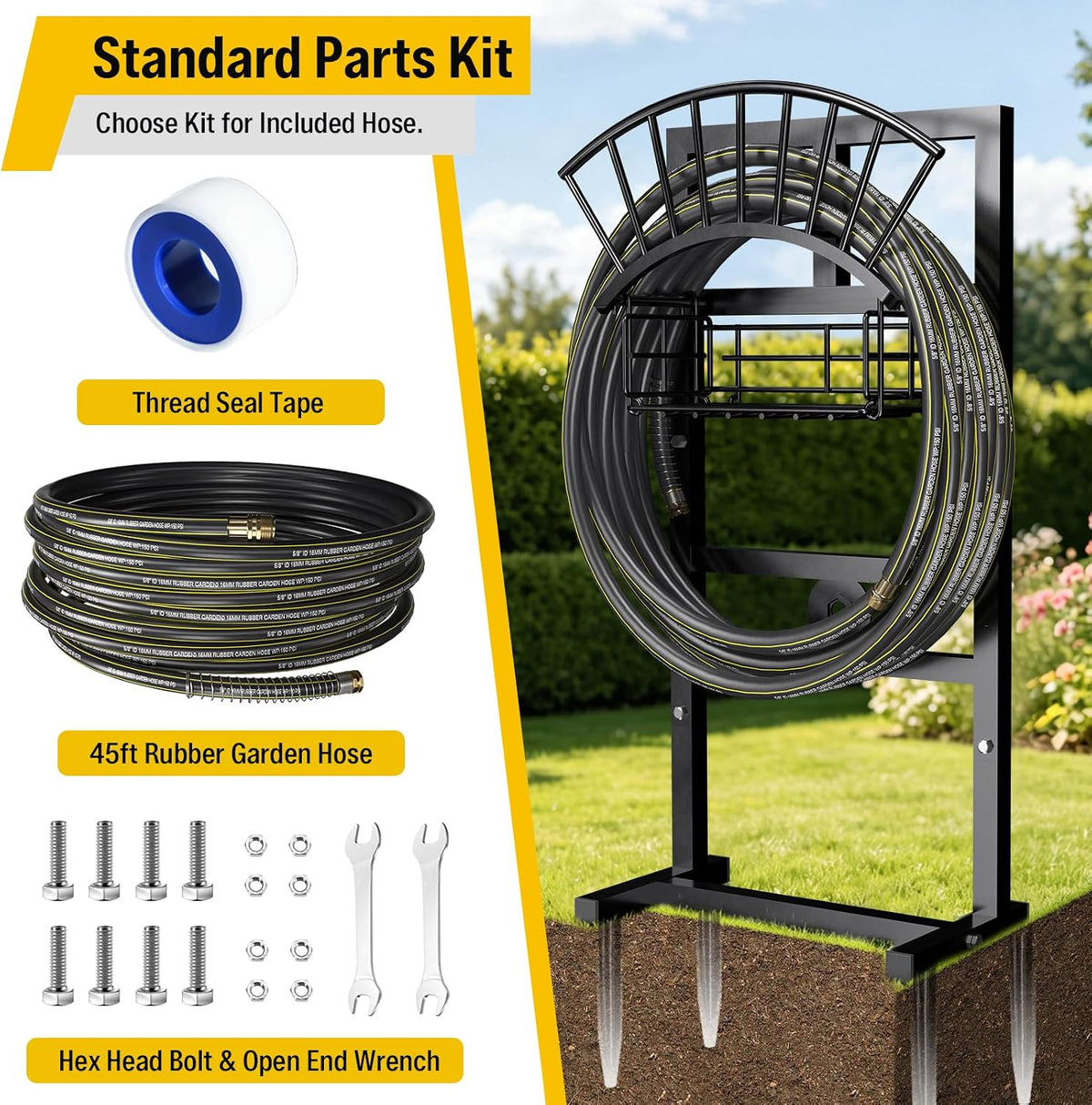 Freestanding Garden Hose Holder, Come with 50FT Water Hose 1/2", Heavy Duty Anti-Rust Hose Hanger for Outdoor Hose Storage