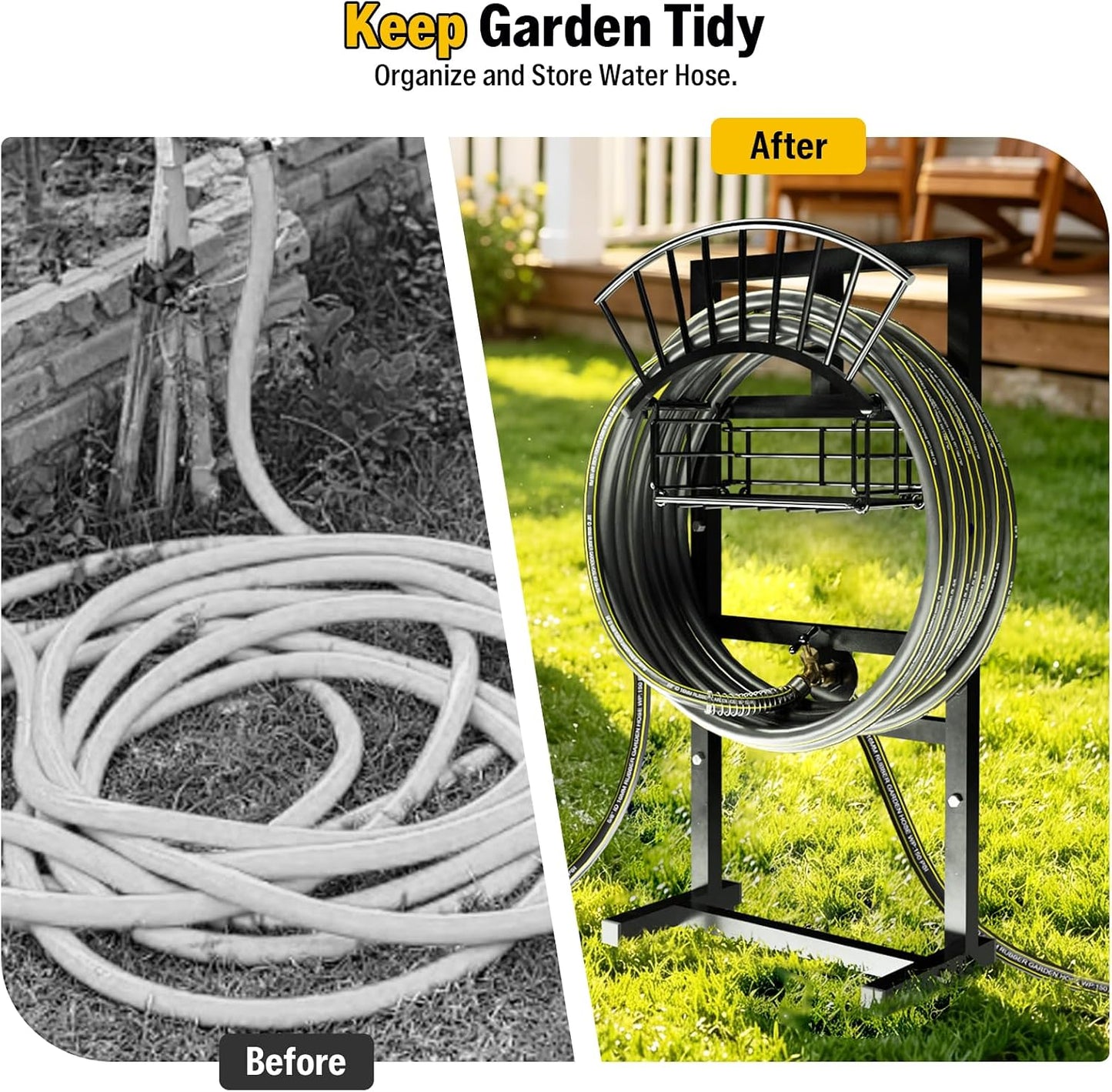 Freestanding Garden Hose Holder, Come with 50FT Water Hose 1/2", Heavy Duty Anti-Rust Hose Hanger for Outdoor Hose Storage