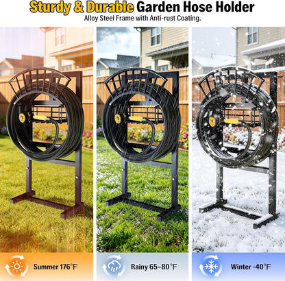 Freestanding Garden Hose Holder, Come with 50FT Water Hose 1/2", Heavy Duty Anti-Rust Hose Hanger for Outdoor Hose Storage