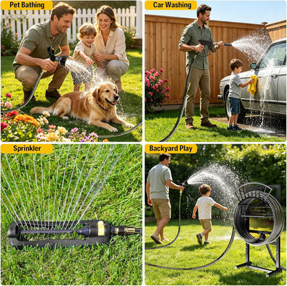 Freestanding Garden Hose Holder, Come with 50FT Water Hose 1/2", Heavy Duty Anti-Rust Hose Hanger for Outdoor Hose Storage