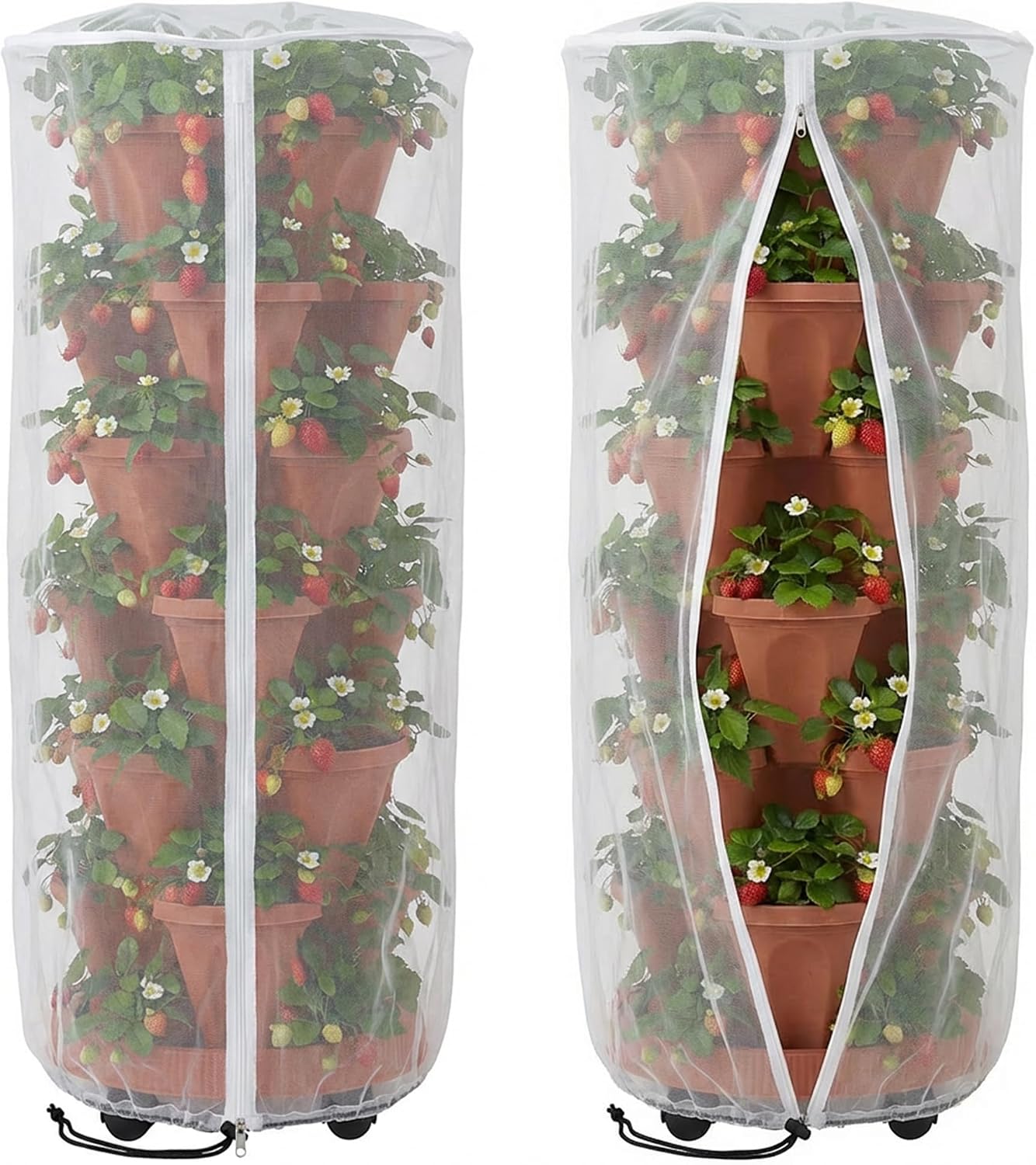 2 Pcs Vertical Plant Pot Insect Netting with Zipper, 59"x22" Stackable Planter Garden Net Cover, 6 to 7 Tier Planter Pot Insect Bird Barrier Protection Mesh for Strawberry Herb Flower Fruit Vegetable