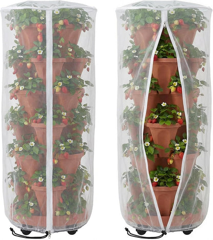2 Pcs Vertical Plant Pot Insect Netting with Zipper, 59"x22" Stackable Planter Garden Net Cover, 6 to 7 Tier Planter Pot Insect Bird Barrier Protection Mesh for Strawberry Herb Flower Fruit Vegetable