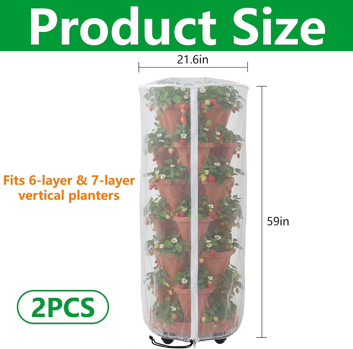 2 Pcs Vertical Plant Pot Insect Netting with Zipper, 59"x22" Stackable Planter Garden Net Cover, 6 to 7 Tier Planter Pot Insect Bird Barrier Protection Mesh for Strawberry Herb Flower Fruit Vegetable