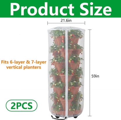 2 Pcs Vertical Plant Pot Insect Netting with Zipper, 59"x22" Stackable Planter Garden Net Cover, 6 to 7 Tier Planter Pot Insect Bird Barrier Protection Mesh for Strawberry Herb Flower Fruit Vegetable