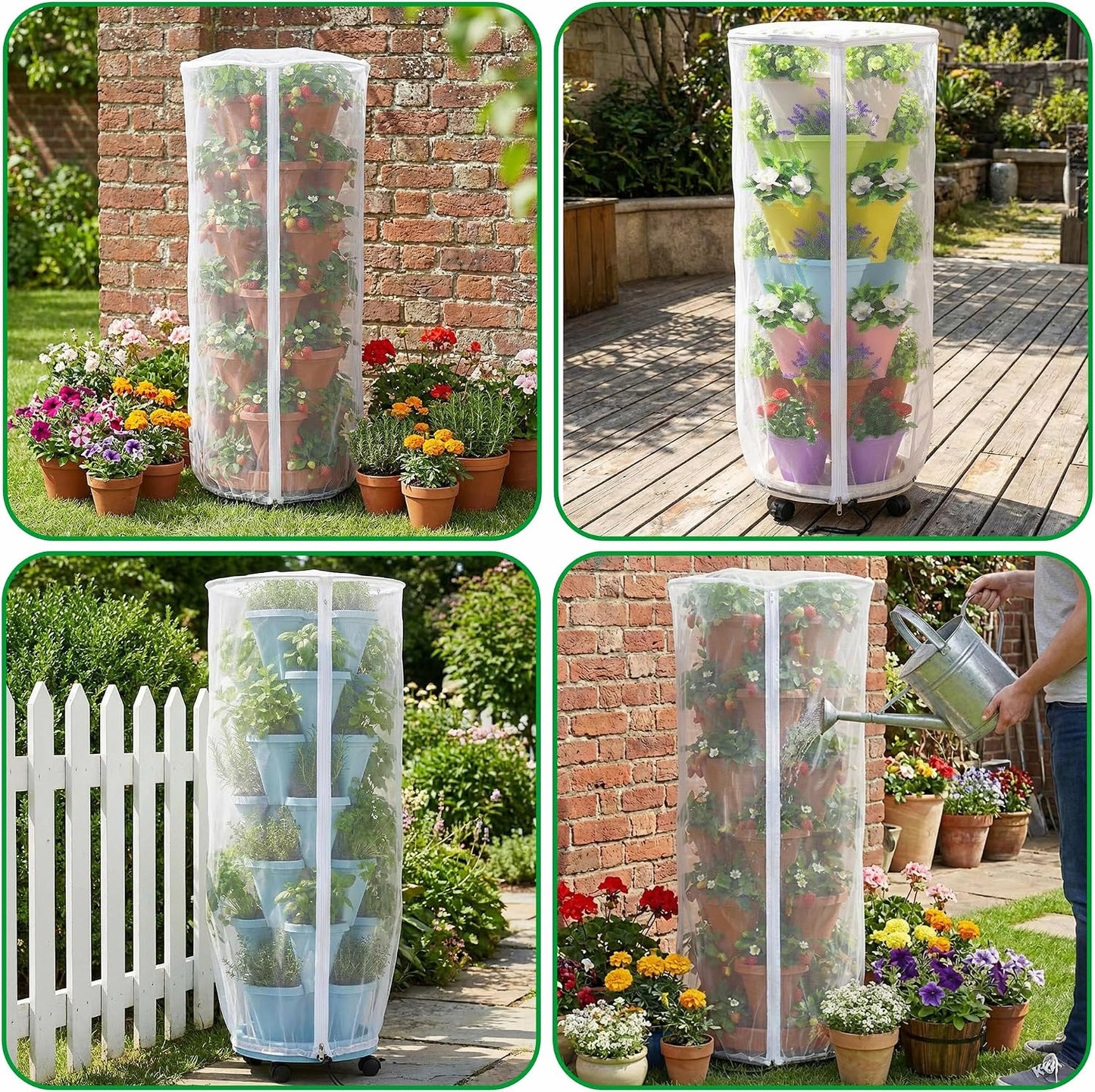 2 Pcs Vertical Plant Pot Insect Netting with Zipper, 59"x22" Stackable Planter Garden Net Cover, 6 to 7 Tier Planter Pot Insect Bird Barrier Protection Mesh for Strawberry Herb Flower Fruit Vegetable