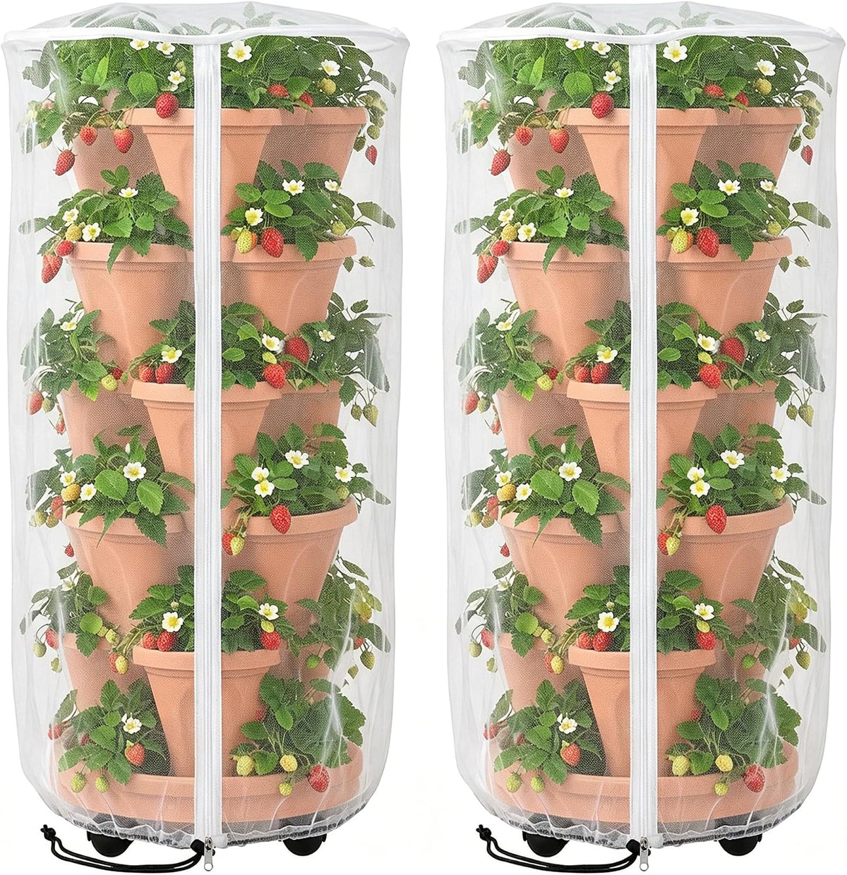 2 Pcs Vertical Plant Pot Insect Netting with Zipper, 59"x22" Stackable Planter Garden Net Cover, 6 to 7 Tier Planter Pot Insect Bird Barrier Protection Mesh for Strawberry Herb Flower Fruit Vegetable