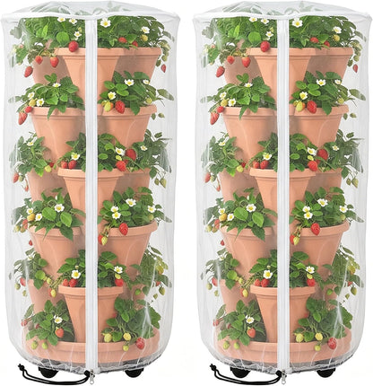 2 Pcs Vertical Plant Pot Insect Netting with Zipper, 59"x22" Stackable Planter Garden Net Cover, 6 to 7 Tier Planter Pot Insect Bird Barrier Protection Mesh for Strawberry Herb Flower Fruit Vegetable