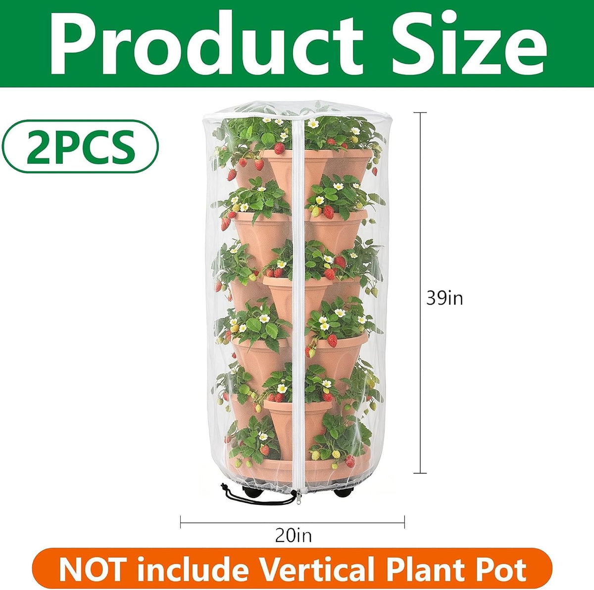 2 Pcs Vertical Plant Pot Insect Netting with Zipper, 59"x22" Stackable Planter Garden Net Cover, 6 to 7 Tier Planter Pot Insect Bird Barrier Protection Mesh for Strawberry Herb Flower Fruit Vegetable