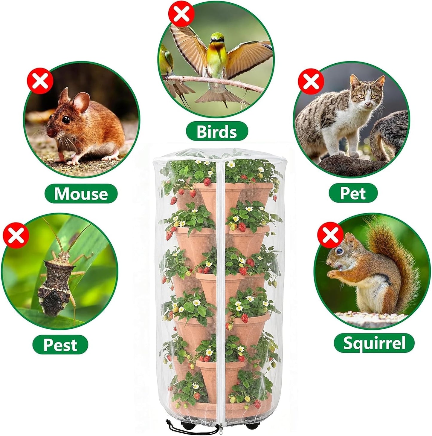 2 Pcs Vertical Plant Pot Insect Netting with Zipper, 59"x22" Stackable Planter Garden Net Cover, 6 to 7 Tier Planter Pot Insect Bird Barrier Protection Mesh for Strawberry Herb Flower Fruit Vegetable