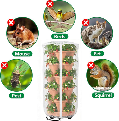 2 Pcs Vertical Plant Pot Insect Netting with Zipper, 59"x22" Stackable Planter Garden Net Cover, 6 to 7 Tier Planter Pot Insect Bird Barrier Protection Mesh for Strawberry Herb Flower Fruit Vegetable
