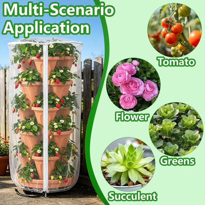 2 Pcs Vertical Plant Pot Insect Netting with Zipper, 59"x22" Stackable Planter Garden Net Cover, 6 to 7 Tier Planter Pot Insect Bird Barrier Protection Mesh for Strawberry Herb Flower Fruit Vegetable