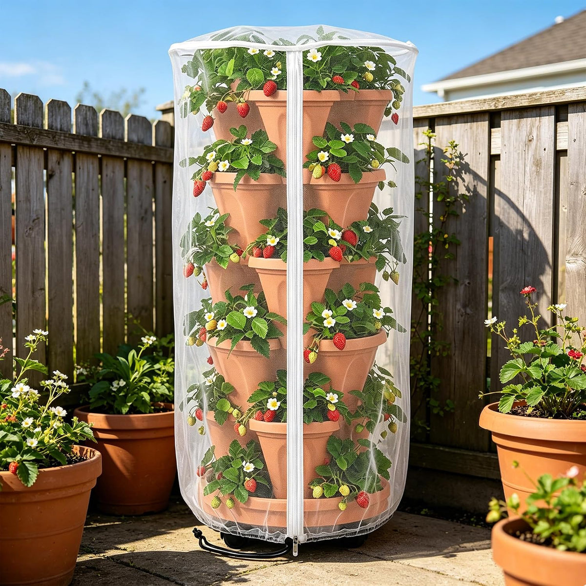 2 Pcs Vertical Plant Pot Insect Netting with Zipper, 59"x22" Stackable Planter Garden Net Cover, 6 to 7 Tier Planter Pot Insect Bird Barrier Protection Mesh for Strawberry Herb Flower Fruit Vegetable