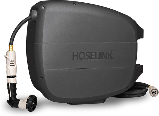 HOSELINK 90ft Hi-Flow Evolve Charcoal Retractable Garden Hose Reel, NEW Heavy Duty, Automatic Rewind, Lock Anywhere, 180 Degree Swivel, Wall Mounted Watering Solution for yard and outdoors