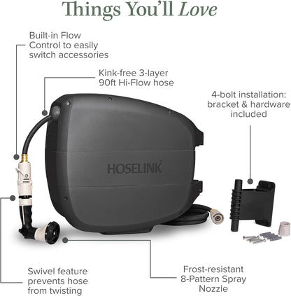 HOSELINK 90ft Hi-Flow Evolve Charcoal Retractable Garden Hose Reel, NEW Heavy Duty, Automatic Rewind, Lock Anywhere, 180 Degree Swivel, Wall Mounted Watering Solution for yard and outdoors
