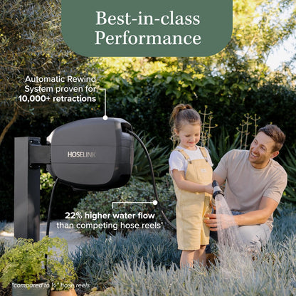 HOSELINK 90ft Hi-Flow Evolve Charcoal Retractable Garden Hose Reel, NEW Heavy Duty, Automatic Rewind, Lock Anywhere, 180 Degree Swivel, Wall Mounted Watering Solution for yard and outdoors