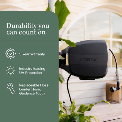 HOSELINK 90ft Hi-Flow Evolve Charcoal Retractable Garden Hose Reel, NEW Heavy Duty, Automatic Rewind, Lock Anywhere, 180 Degree Swivel, Wall Mounted Watering Solution for yard and outdoors