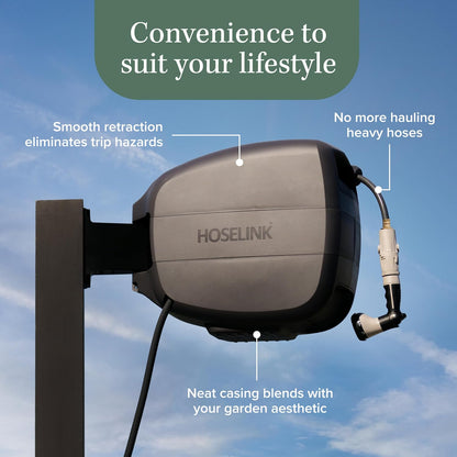 HOSELINK 90ft Hi-Flow Evolve Charcoal Retractable Garden Hose Reel, NEW Heavy Duty, Automatic Rewind, Lock Anywhere, 180 Degree Swivel, Wall Mounted Watering Solution for yard and outdoors