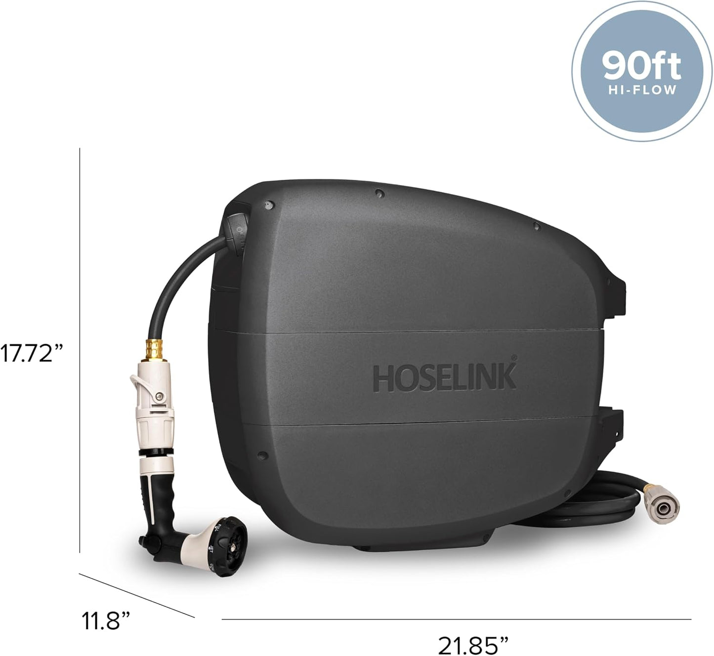 HOSELINK 90ft Hi-Flow Evolve Charcoal Retractable Garden Hose Reel, NEW Heavy Duty, Automatic Rewind, Lock Anywhere, 180 Degree Swivel, Wall Mounted Watering Solution for yard and outdoors