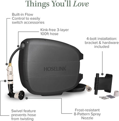 HOSELINK 90ft Hi-Flow Evolve Charcoal Retractable Garden Hose Reel, NEW Heavy Duty, Automatic Rewind, Lock Anywhere, 180 Degree Swivel, Wall Mounted Watering Solution for yard and outdoors