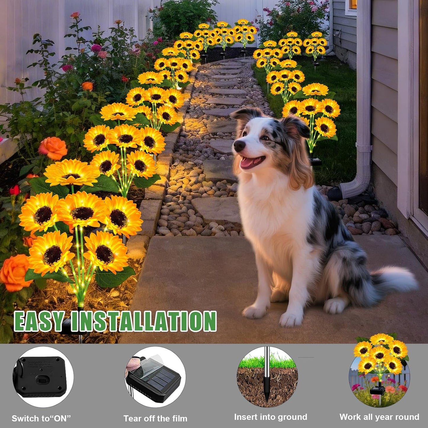 Solar Lights Outdoor 4 Pack 24 Solar Sunflower Flowers Lights Garden Decor