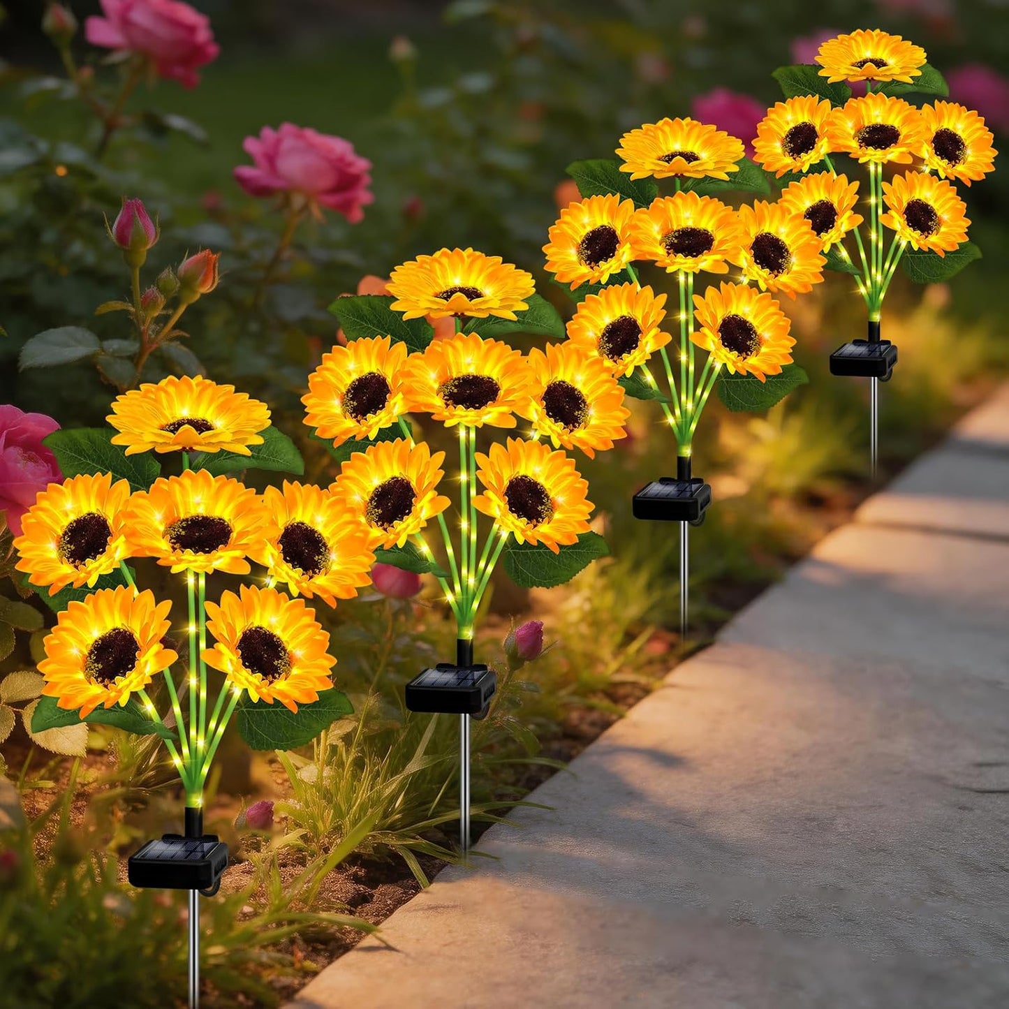 Solar Lights Outdoor 4 Pack 24 Solar Sunflower Flowers Lights Garden Decor