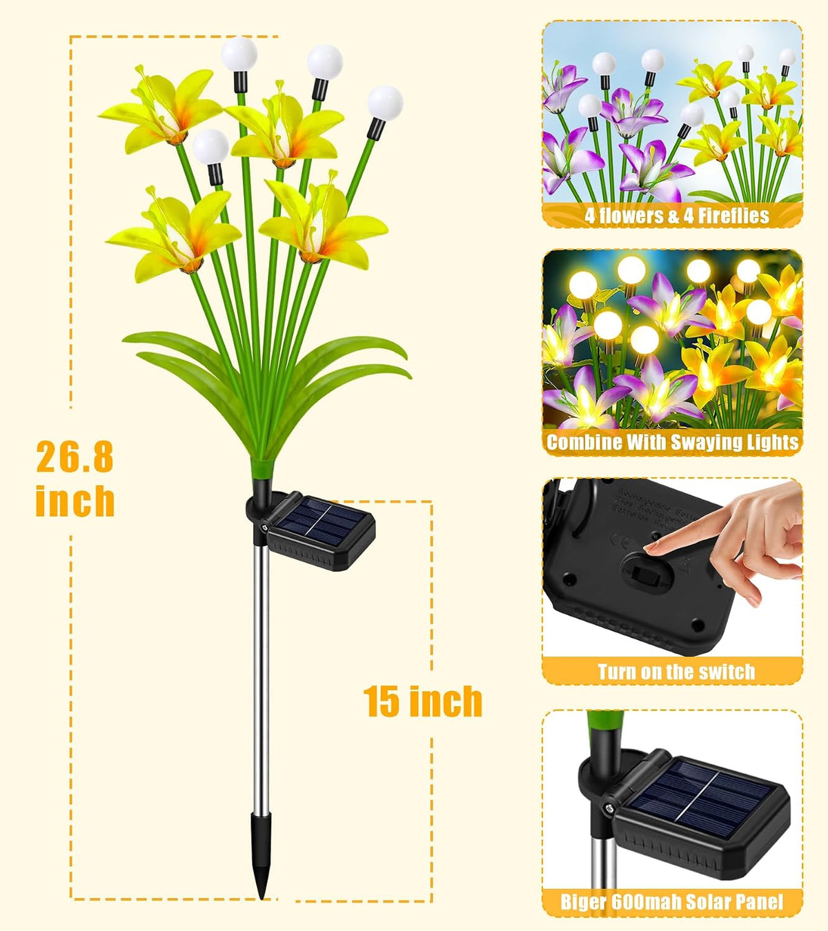 Solar Lights Outdoor 4 Pack 24 Solar Sunflower Flowers Lights Garden Decor