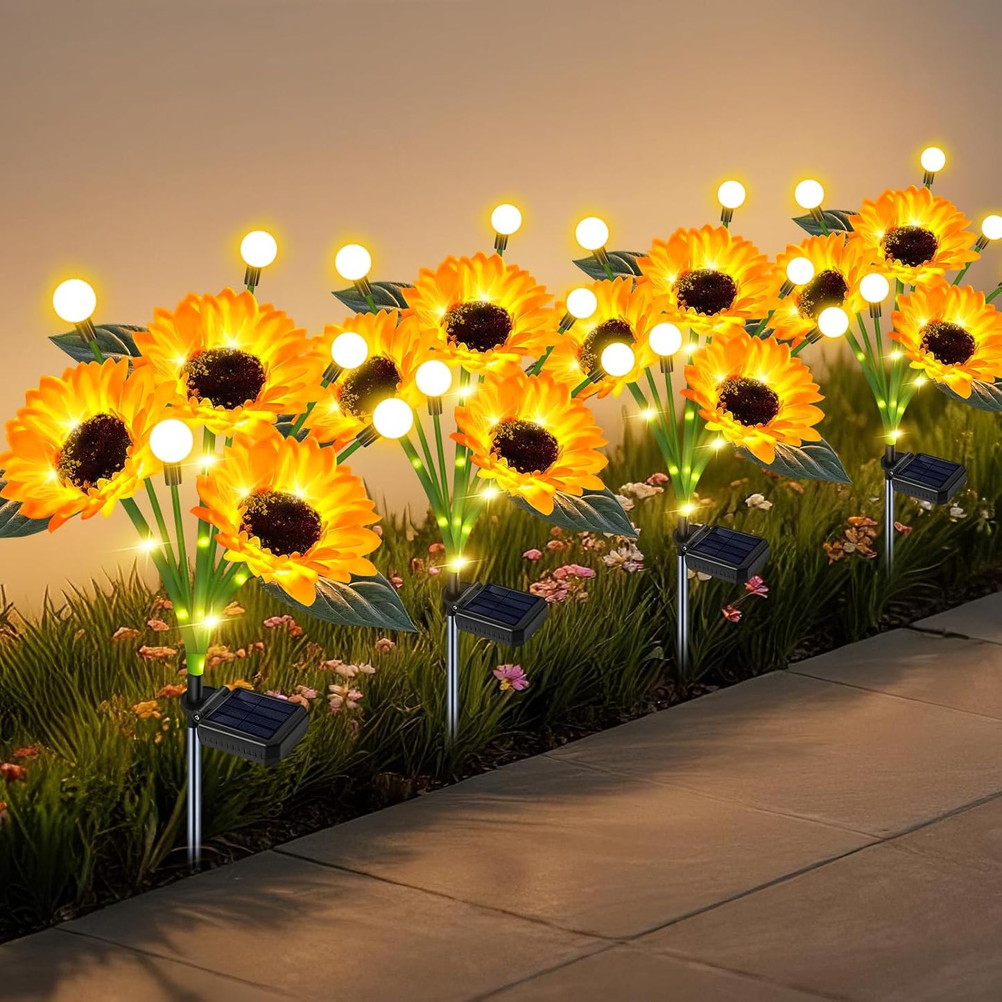 Solar Lights Outdoor 4 Pack 24 Solar Sunflower Flowers Lights Garden Decor