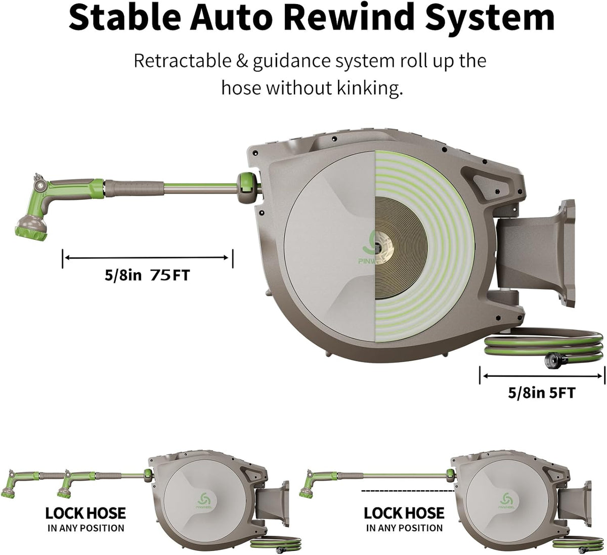 5/8in 75FT Retractable Garden Hose Reel, Automatic Retractable Hose with 10-Pattern Spray Nozzle, 180° Swivel Bracket, 3-Layer PVC Durable Water Hose for Yard Lawn Care