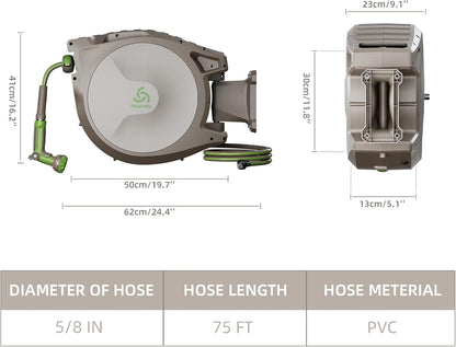 5/8in 75FT Retractable Garden Hose Reel, Automatic Retractable Hose with 10-Pattern Spray Nozzle, 180° Swivel Bracket, 3-Layer PVC Durable Water Hose for Yard Lawn Care
