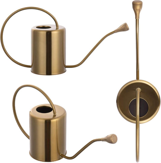 Yowon 1/2 Gallon 68oz Long Spout Stainless Steel Gold Colored Watering Can for Indoor Plant Watering or Outdoor Gardening with 2 Removable Spray Spout for Flowers