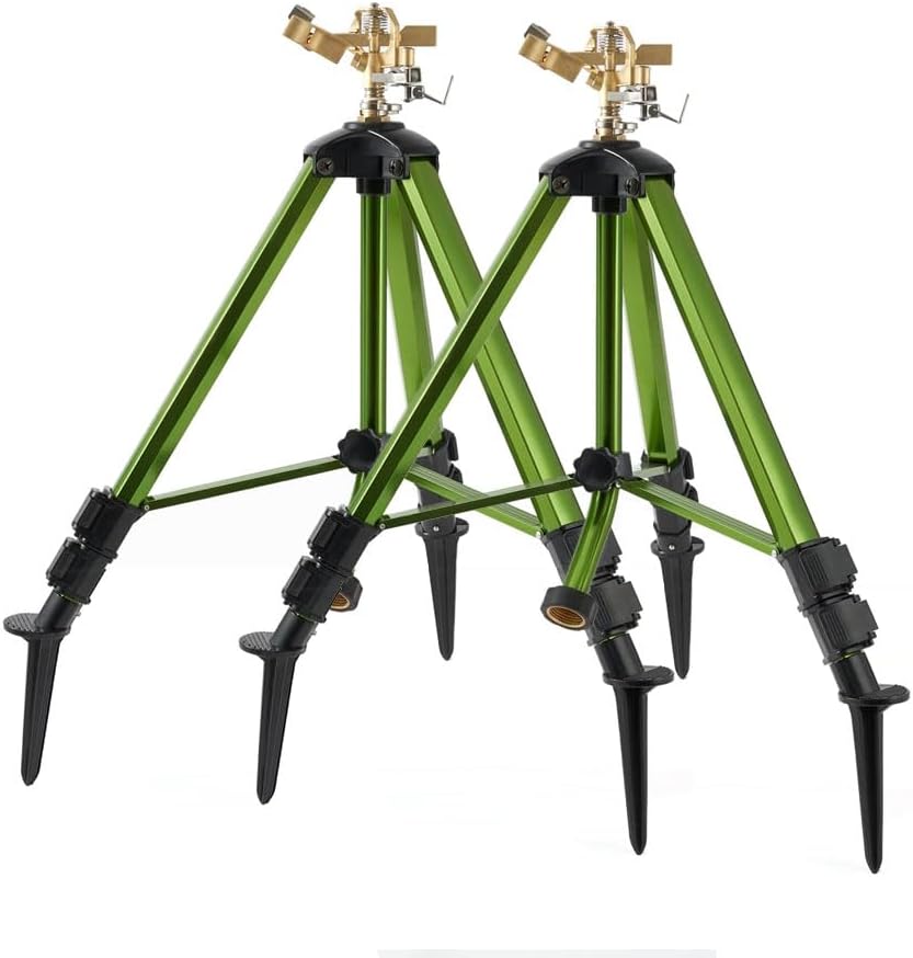 Impact Sprinkler on Tripod Base, Heavy-Duty sprinklers Provide 360-degree Spray Coverage Large Yard Garden Lawn Areas, 3/4 Inch Connector Extension Legs Flip Locks with Brass Head, 2 Pack
